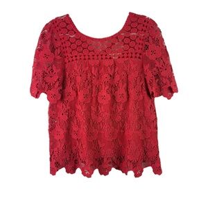 ANTHROPOLOGIE VANESSA VIRGINIA womens size 8 red floral crochet short sleeve top